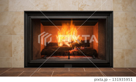 Bright flames flicker around dark wooden logs, created AI 131935951