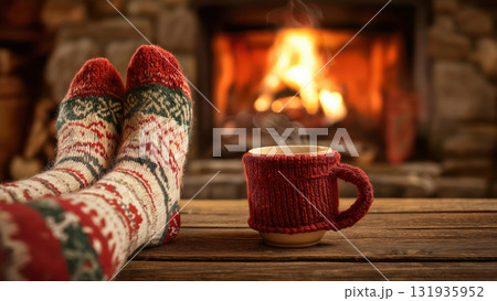 Steamy drink by festive socks by the fire, created AI Steamy drink by festive socks by the fire, created AI 131935952
