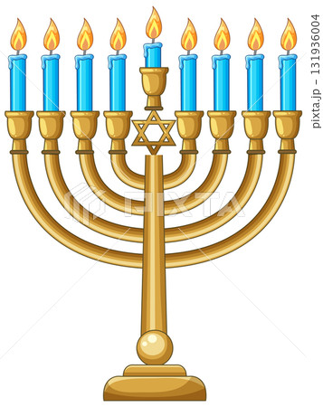 Golden Hanukkah Menorah with Blue Candles and Star Golden Hanukkah Menorah with Blue Candles and Star 131936004