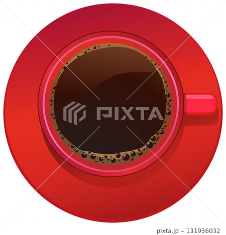 Top View of Coffee Cup in Red Saucer 131936032