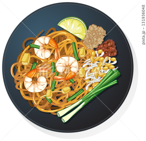 Shrimp Pad Thai Noodles on Black Plate Vector Illustration Shrimp Pad Thai Noodles on Black Plate Vector Illustration 131936048