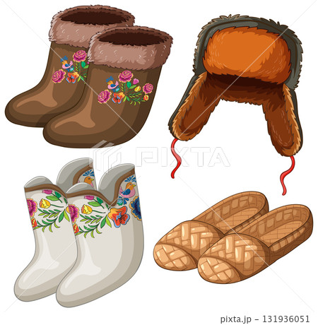 Traditional Russian Winter Footwear and Fur Hat Illustration Traditional Russian Winter Footwear and Fur Hat Illustration 131936051
