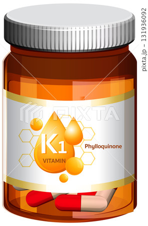 Vitamin K1 Supplement Bottle with Capsules Vector Illustration 131936092