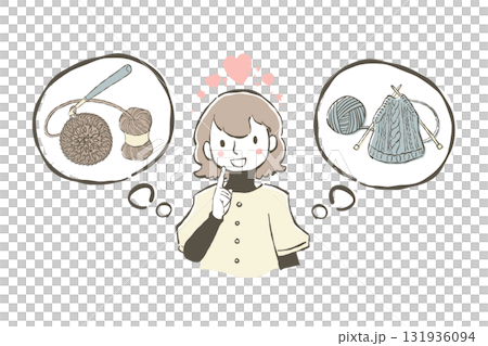 一位女士高興地思考著編織的插圖 131936094