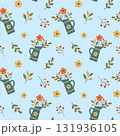 Seamless pattern with floral bouquets in jugs and leaves on blue background 131936105