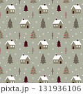 Scandinavian winter seamless pattern with houses fir trees and snowflakes on green background 131936106