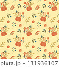 Seamless autumn pattern with pumpkins flowers berries and branches on yellow background 131936107