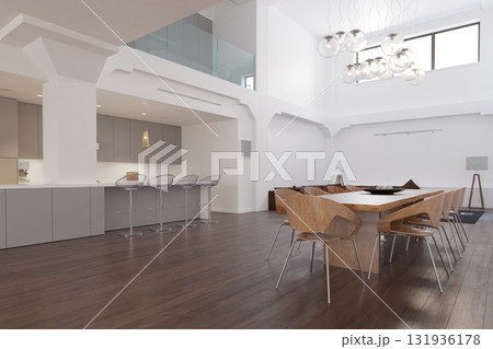 Modern open plan loft apartment interior. Spacious dining room and kitchen with contemporary furniture. Luxury real estate and home design concept 131936178