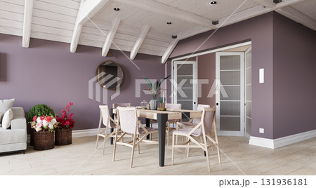 Modern dining room interior with mauve walls and a wooden table. Stylish home decor with a white vaulted beam ceiling. 3d rendering real estate concept 131936181