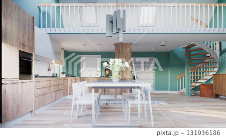 Modern open-plan home interior with kitchen and dining area. Spacious two-story house with a loft and spiral staircase. 3d rendering visualization 131936186