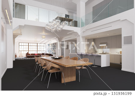 Modern open-plan loft apartment interior. Spacious dining room, kitchen, and living area with mezzanine. Luxury real estate and contemporary home design concept 131936199