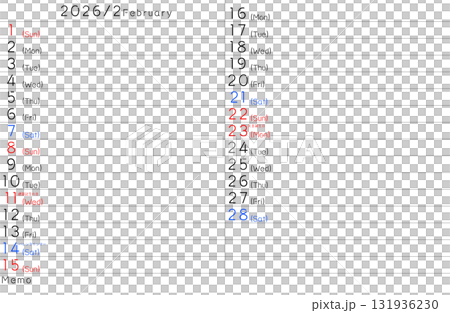 2026年度 2月シンプルカレンダー 曜日英語 2026年度 2月シンプルカレンダー 曜日英語 131936230
