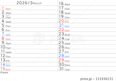 2026年度 3月シンプルカレンダー 曜日英語 2026年度 3月シンプルカレンダー 曜日英語 131936231