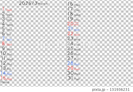 2026年度 3月シンプルカレンダー 曜日英語 2026年度 3月シンプルカレンダー 曜日英語 131936231