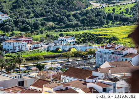 View of Silves town buildings with famous castle and cathedral, Algarve region, Portugal. 131936382
