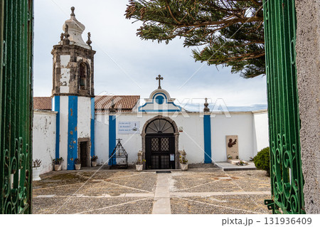 Facade with ceramic azulejos of Remedios chapel, Santuario de Nossa Senhora dos Remedios at Peniche, Portugal. 131936409