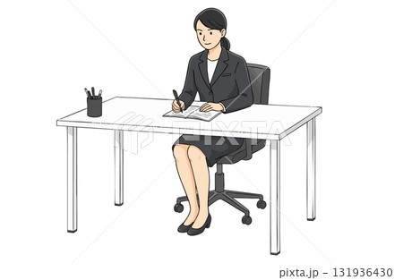 デスクでメモを取るビジネスウーマン（シンプルカラー） 131936430