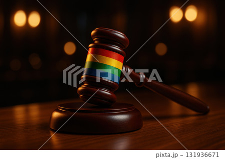 Judge gavel wrapped in rainbow pride flag stripes on polished wooden desk symbolizing equality and justice with bokeh night lights in courtroom background 131936671