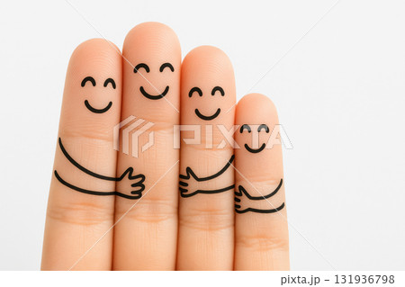 Happy family finger art with four fingers hugging each other, smiling faces drawn in playful cartoon doodle style on minimalist white background 131936798