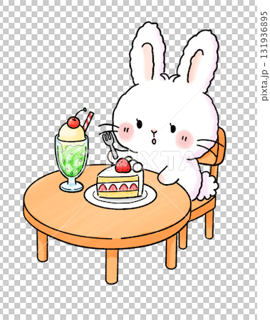 カフェでケーキとメロンソーダを楽しむうさぎ カフェでケーキとメロンソーダを楽しむうさぎ 131936895
