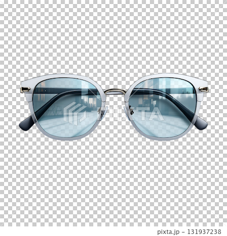 Stylish silver eyeglasses reflecting modern architecture, offering clear vision and a sophisticated look for professionals and trendsetters alike 131937238