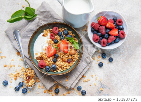 Healthy breakfast granola yogurt bowl with fresh berries Healthy breakfast granola yogurt bowl with fresh berries 131937275