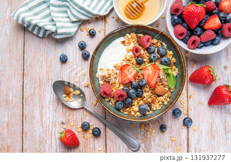 Healthy yogurt granola bowl with fresh berries Healthy yogurt granola bowl with fresh berries 131937277