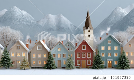 A serene Scandinavian village nestled between snow covered mountains under a winter sky 131937359
