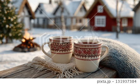 Two steaming mugs of hot drinks on a wooden table in a snowy village with a bonfire 131937384
