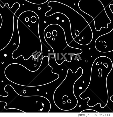 Halloween pattern. Cute ghosts. Vector seamless background October 31. Black and white spooky pattern 131937443