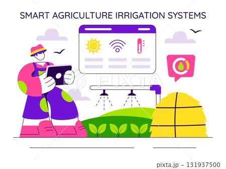Smart Agriculture Irrigation Systems Illustration Featuring Plant Growth and Vertical Farming with Hydroponics and Plant Monitoring via Mobile App Smart Agriculture Irrigation Systems Illustration Featuring Plant Growth and Vertical Farming with Hydroponics and Plant Monitoring via Mobile App 131937500