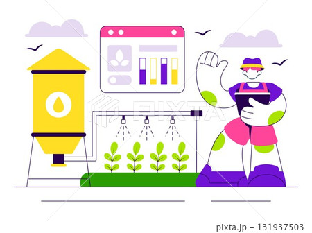 Smart Agriculture Irrigation Systems Illustration Featuring Plant Growth and Vertical Farming with Hydroponics and Plant Monitoring via Mobile App Smart Agriculture Irrigation Systems Illustration Featuring Plant Growth and Vertical Farming with Hydroponics and Plant Monitoring via Mobile App 131937503