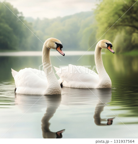 Swans gracefully swimming on a tranquil lake surrounded by lush greenery in the early morning light 131937564
