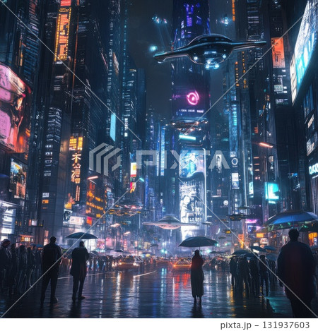 Futuristic cityscape at night with neon lights and hovering vehicles above a crowd with umbrellas 131937603