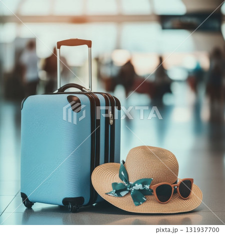 Travel essentials by a suitcase and a sun hat in a busy airport terminal during the day 131937700
