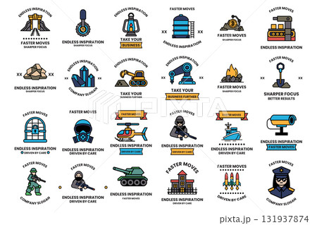 A collection of black and white icons and symbols, including a helicopter 131937874