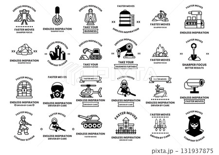 A collection of black and white icons and symbols, including a helicopter 131937875