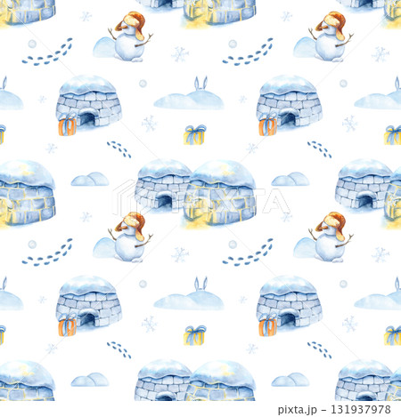 Christmas seamless pattern, Inuit igloo, snowman, holiday winter landscape isolated from background. Watercolor children illustration, scenery, snowflake, xmas, footprint or traces, snowdrift Christmas seamless pattern, Inuit igloo, snowman, holiday winter landscape isolated from background. Watercolor children illustration, scenery, snowflake, xmas, footprint or traces, snowdrift 131937978