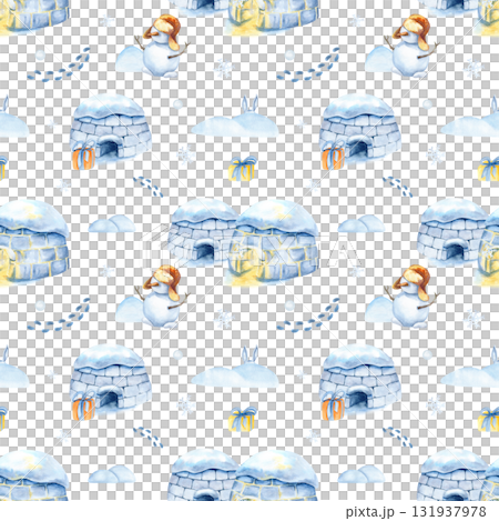 Christmas seamless pattern, Inuit igloo, snowman, holiday winter landscape isolated from background. Watercolor children illustration, scenery, snowflake, xmas, footprint or traces, snowdrift 131937978