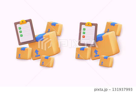 Clipboard on package checklist with delivery package icon. Cardboard box mockup set. 3D Web Vector Illustrations. Clipboard on package checklist with delivery package icon. Cardboard box mockup set. 3D Web Vector Illustrations. 131937993