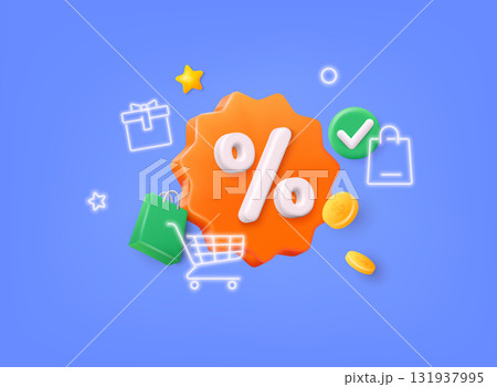 Label with percent, check mark and discount. 3D Web Vector Illustrations. Label with percent, check mark and discount. 3D Web Vector Illustrations. 131937995