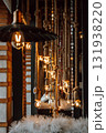 warm lights illuminate cozy indoor space decorated ropes and rustic elements evening hours. closeup. 131938220