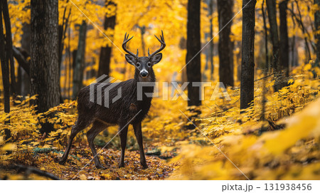 黄金の森に佇む雄鹿の威厳｜秋の深まりを告げる神秘的な風景 131938456