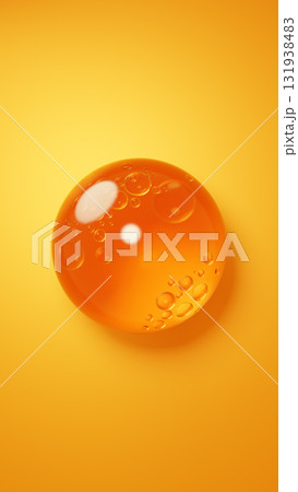 黄色い背景に浮かぶオレンジ色の液体。ジェル。3D（縦長） 131938483