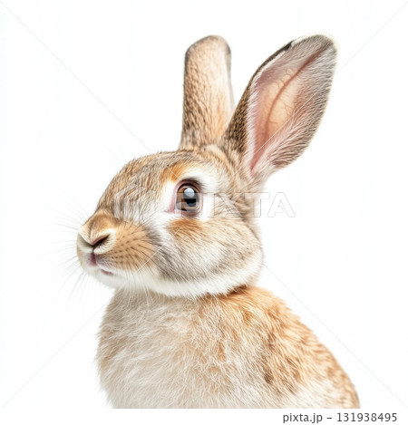 Cute brown rabbit with large ears and bright eyes poses against a white background 131938495
