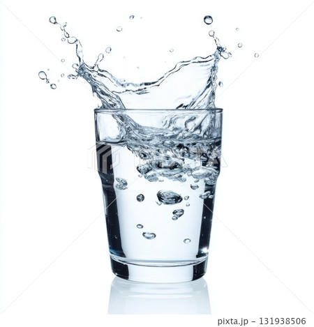 Clear water splashes dramatically from a glass filled to the brim during a refreshing moment at home 131938506