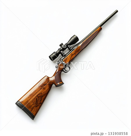 High-quality hunting rifle with wooden stock and scope showcasing craftsmanship and precision High-quality hunting rifle with wooden stock and scope showcasing craftsmanship and precision 131938558