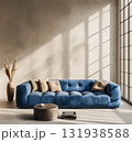 Elegant blue sofa in a modern living room with natural light and minimalist decor 131938588