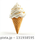 Creamy soft serve ice cream in a waffle cone displayed against a clean white background 131938595