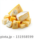 Variety of cheese types arranged on a white background for culinary presentation and tasting 131938599
